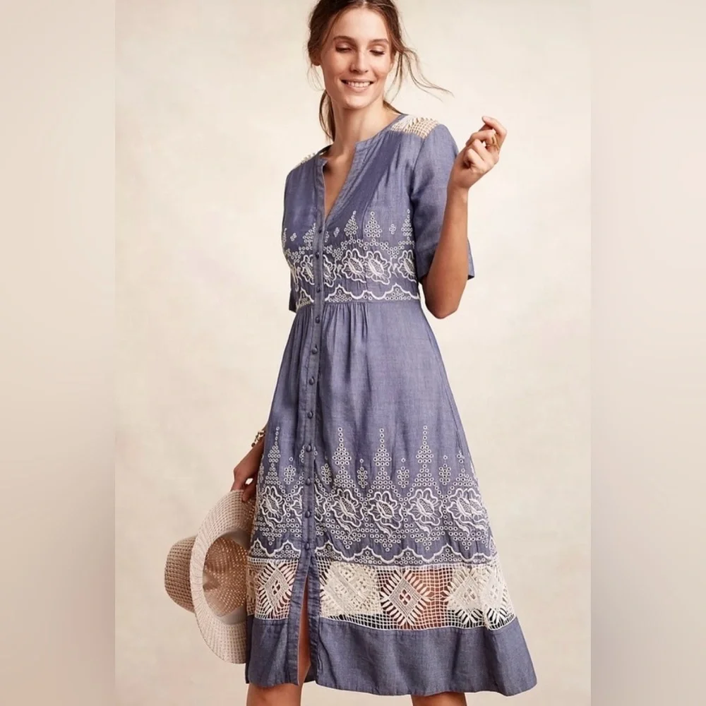 Anthropologie Moulinette Soeurs Blue and White Embroidered Waters Midi Dress Sz4 - Picture 1 of 10